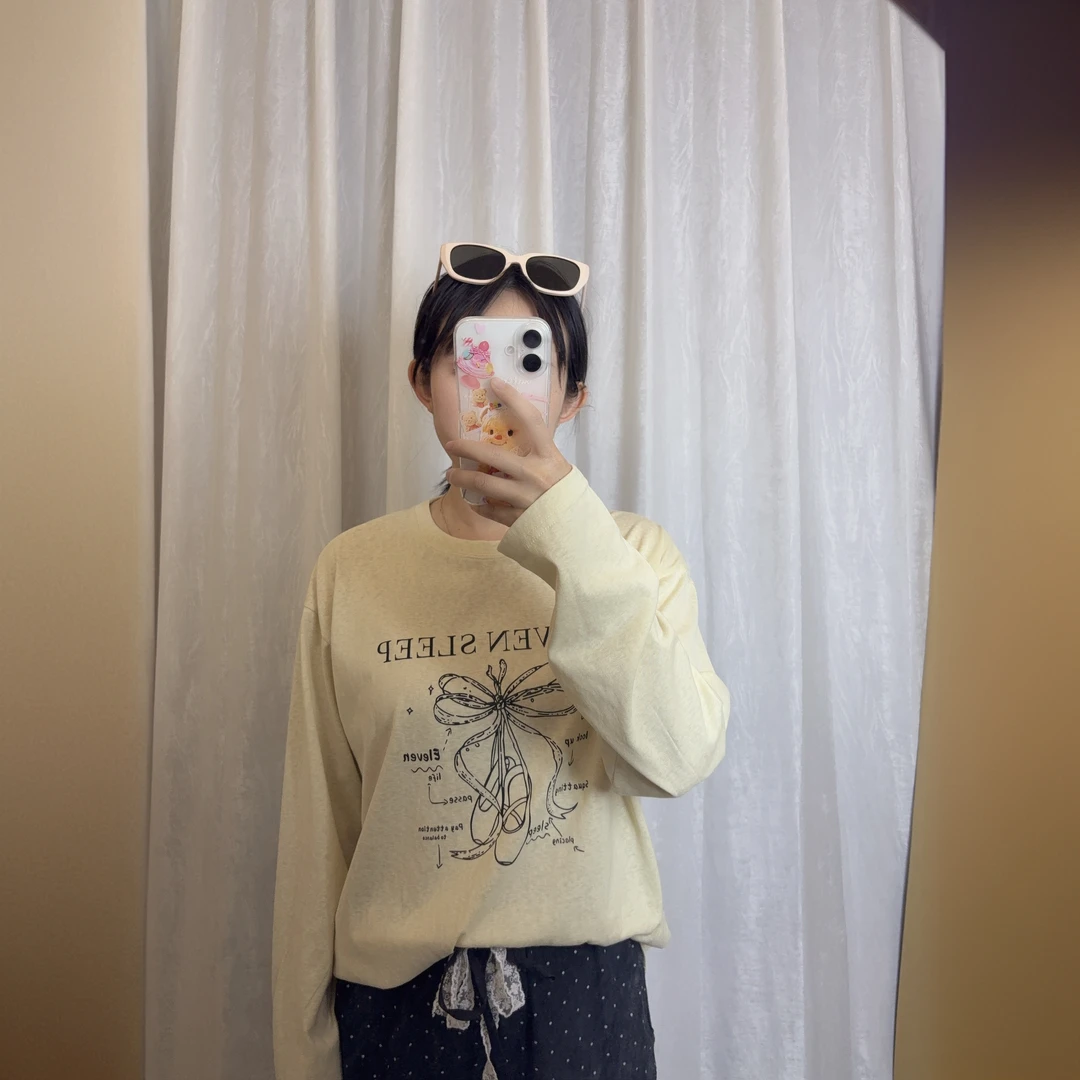 休闲风【百搭防晒】印花长袖圆领少女风秋冬T恤常规字母防晒极简风