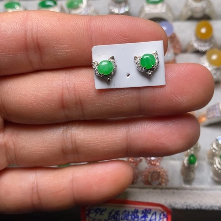 翡翠耳饰银S925镶嵌耳钉
