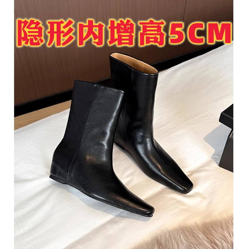 现货~牛皮版！内增高5CM秋冬新款复古方头套筒短筒靴百搭短靴女