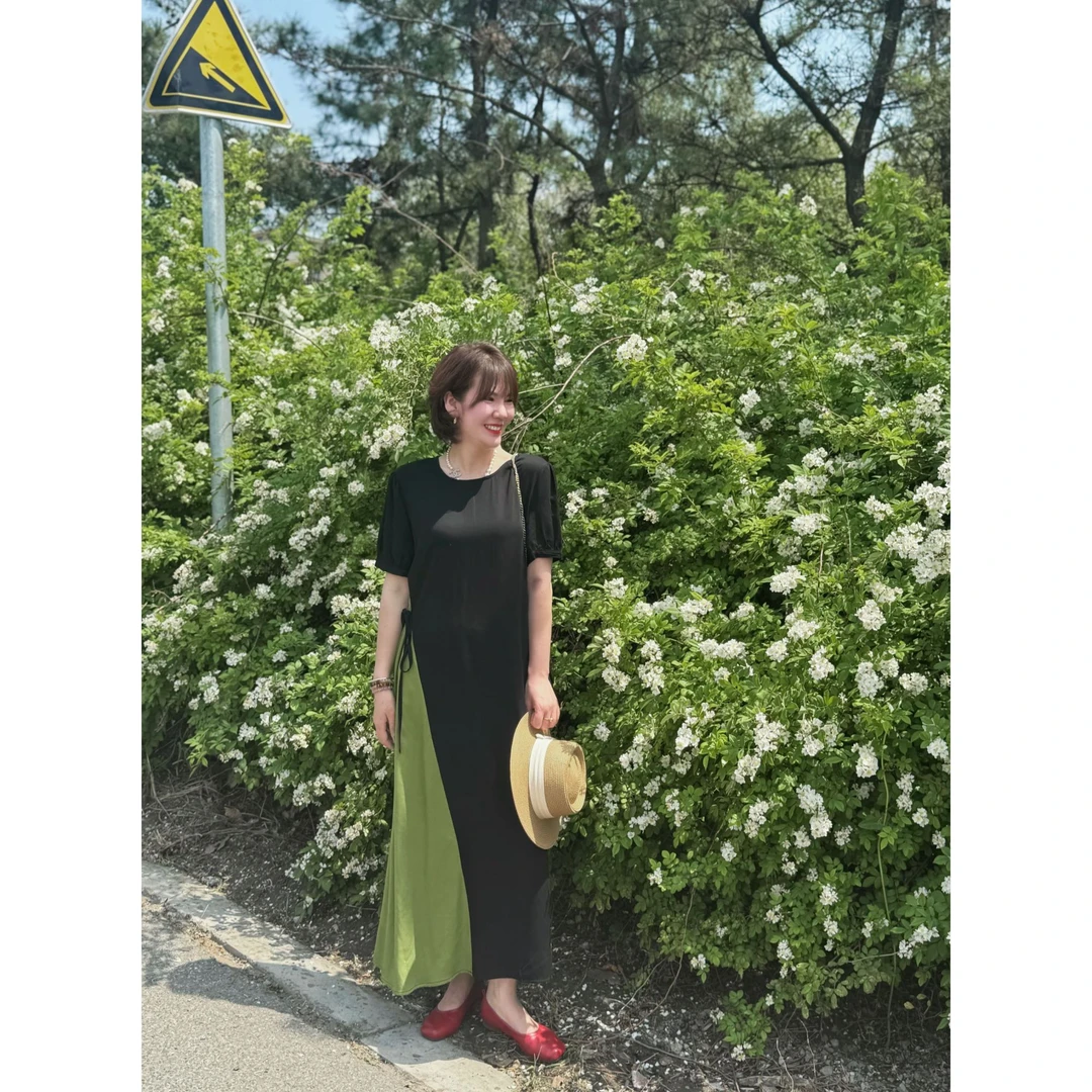 木子静−「柚见青提」显瘦拼接收腰系带棉绸连衣裙（有口袋）-B