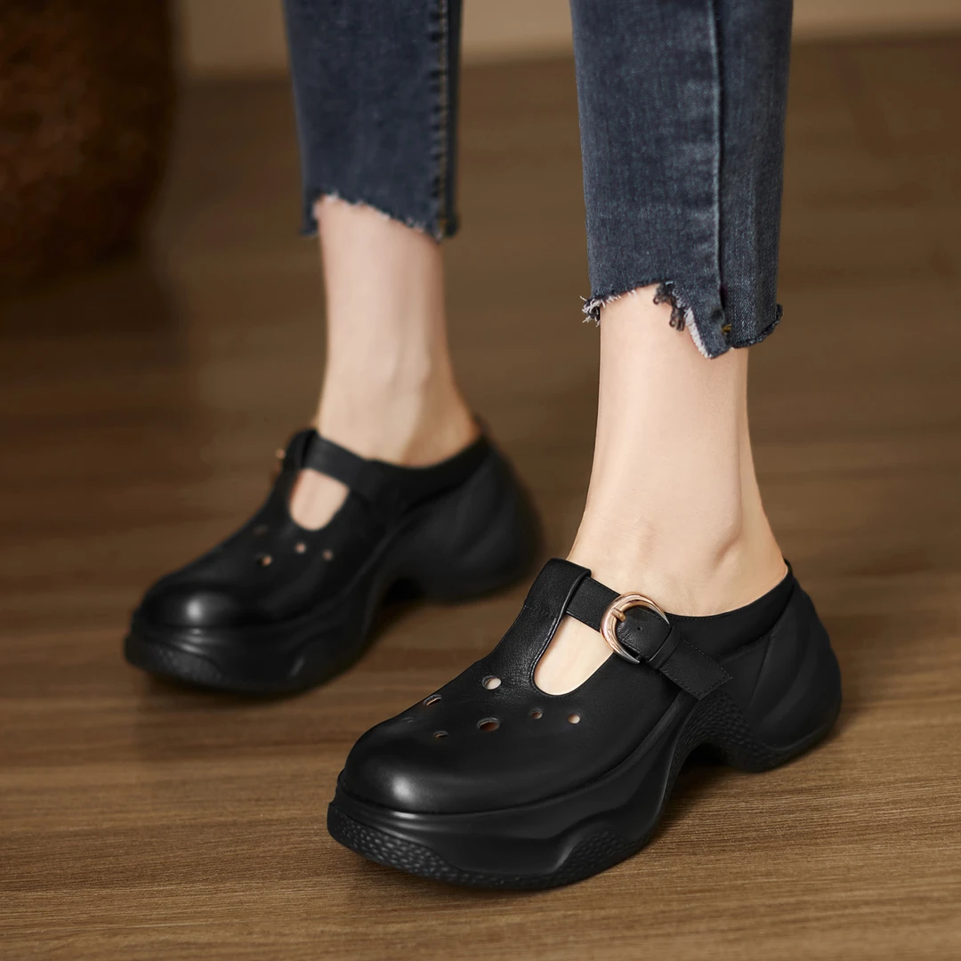 头层牛皮/7.5cm 小个子不累脚厚底松糕鞋透气洞洞包头半拖鞋凉拖