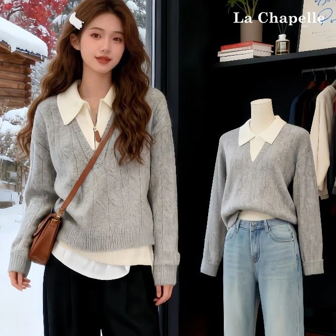 拉夏贝尔美拉德甜美风翻领半拉链假两件毛衣女冬款气质针织衫上衣