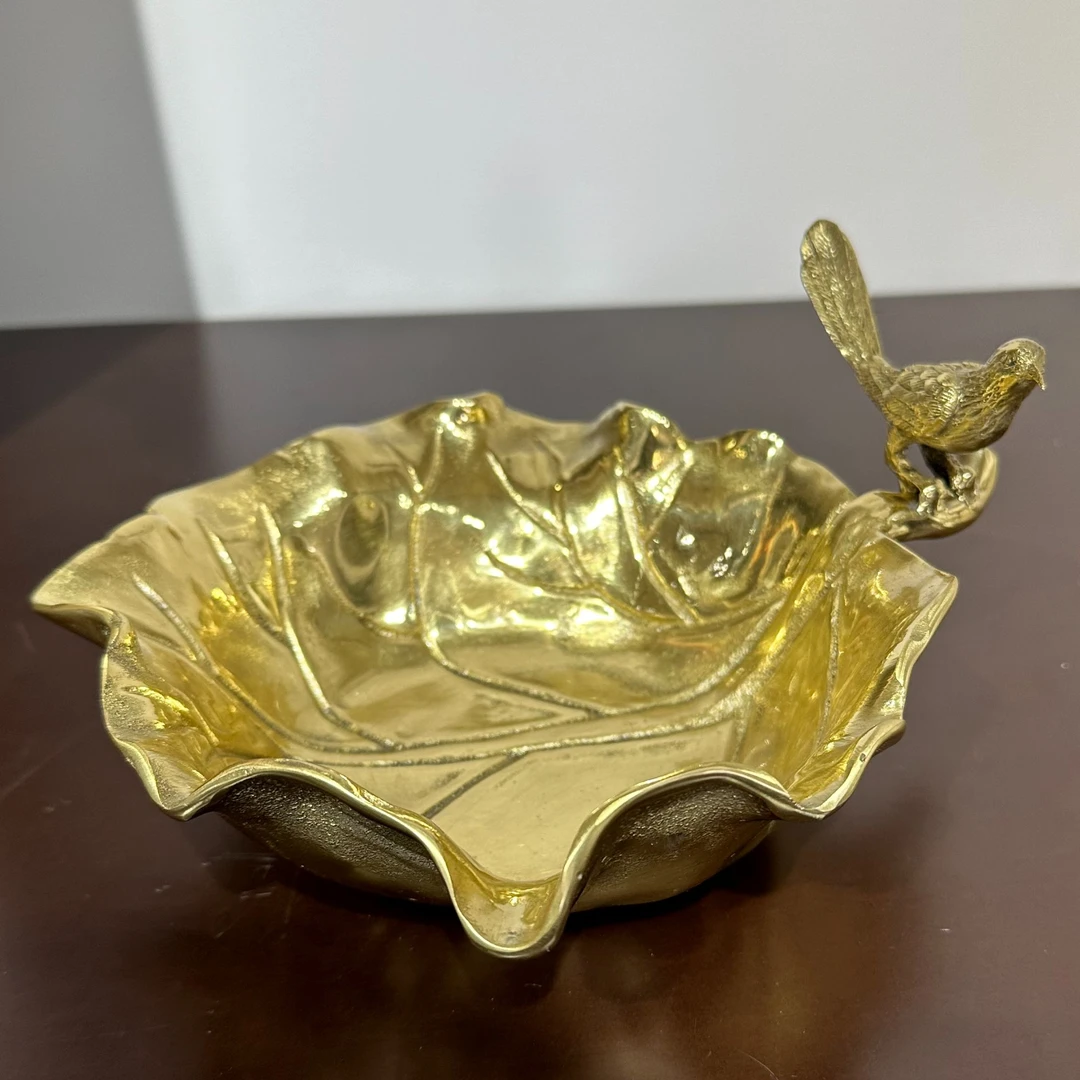 黄铜喜鹊荷叶收纳碟果盘家居装饰果篓