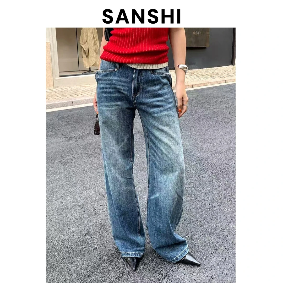 SANSHI【超模裤】秋款美式复古风低腰显瘦牛仔裤女 百搭时尚直筒裤