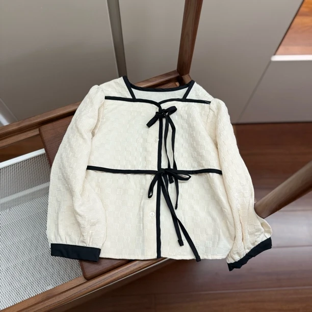 【编号S64】3C3397-34-儿童系带包边泡泡袖衬衫杏色-MIKO