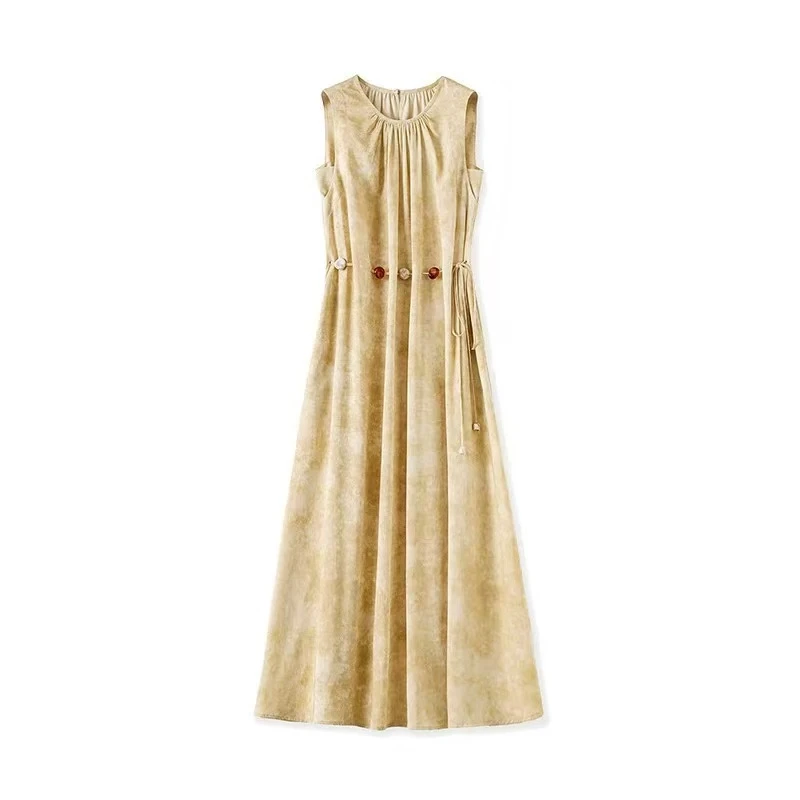 2025夏季新款气质法式抽绳系带宽松海边度假印花无袖连衣裙