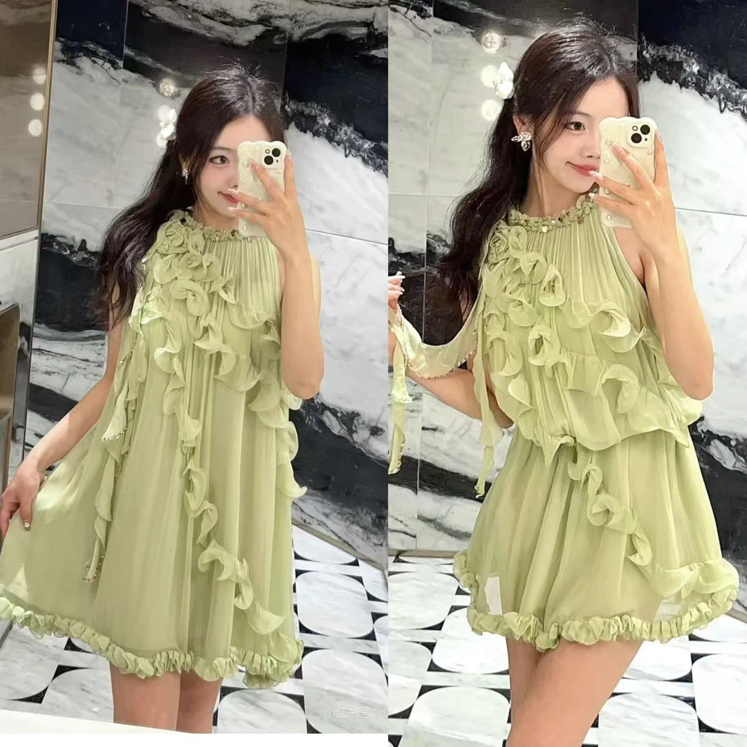 木子 店浅绿色立体玫瑰木耳边连衣裙