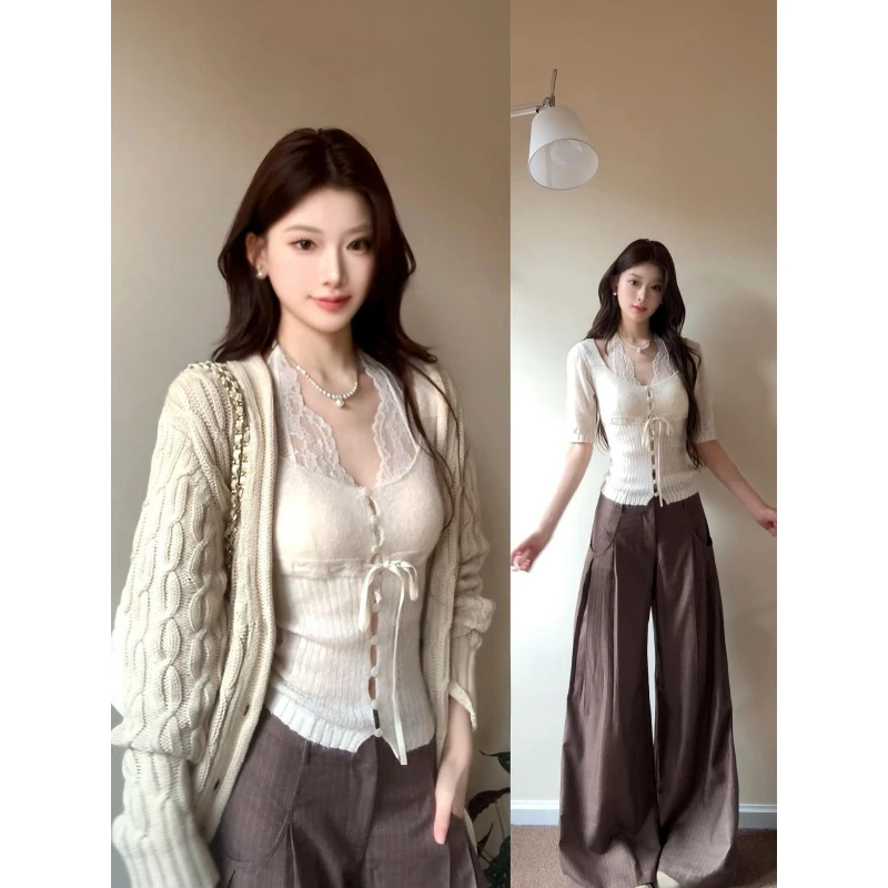 秋季新款u领绑带针织衫挂脖蕾丝长袖开衫上衣休闲裤子四件套装