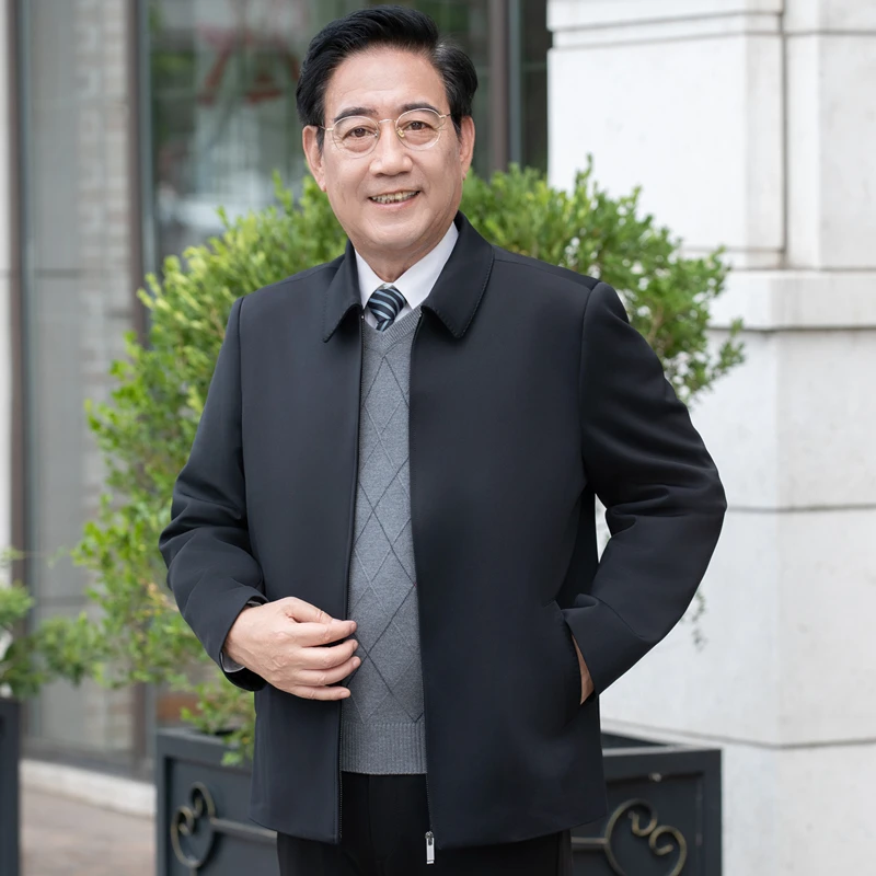 春秋季不起球外套男士秋冬散口袖老人拉链翻领行政款夹克衫干部装