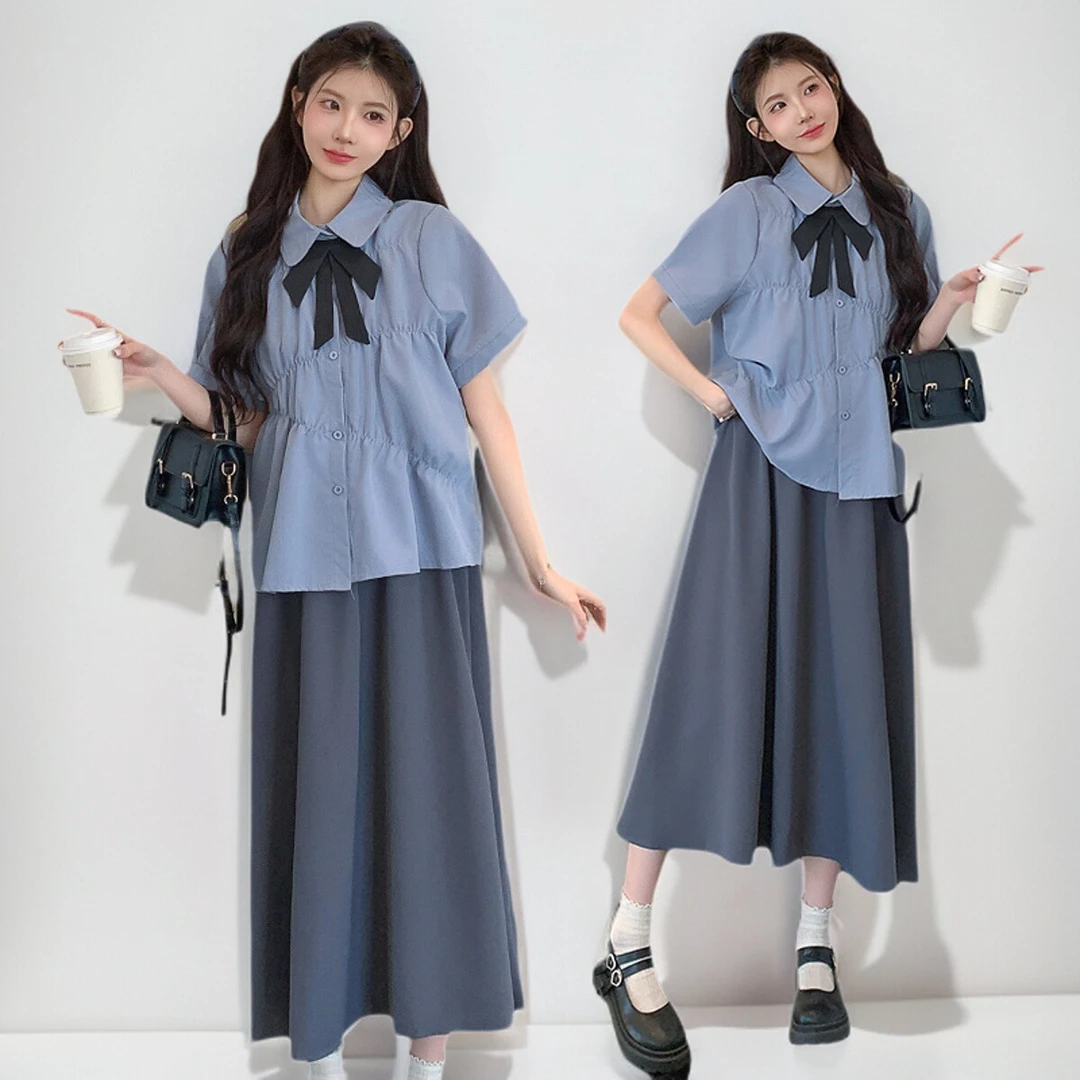 孕妇装2025夏季学院风短袖衬衣搭配宽松甜美半身裙小个子两件套装