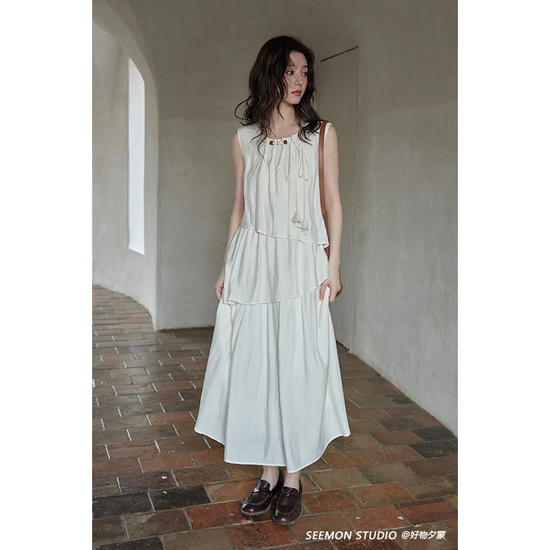 Seemon夏气质裙子法式小个子无袖设计感小众不规则连衣裙女Q17515