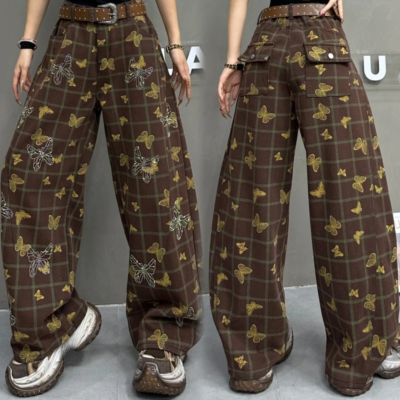 【亿火】秋冬新款女高街厚款提花宽松印花中腰长裤牛仔裤G105-821