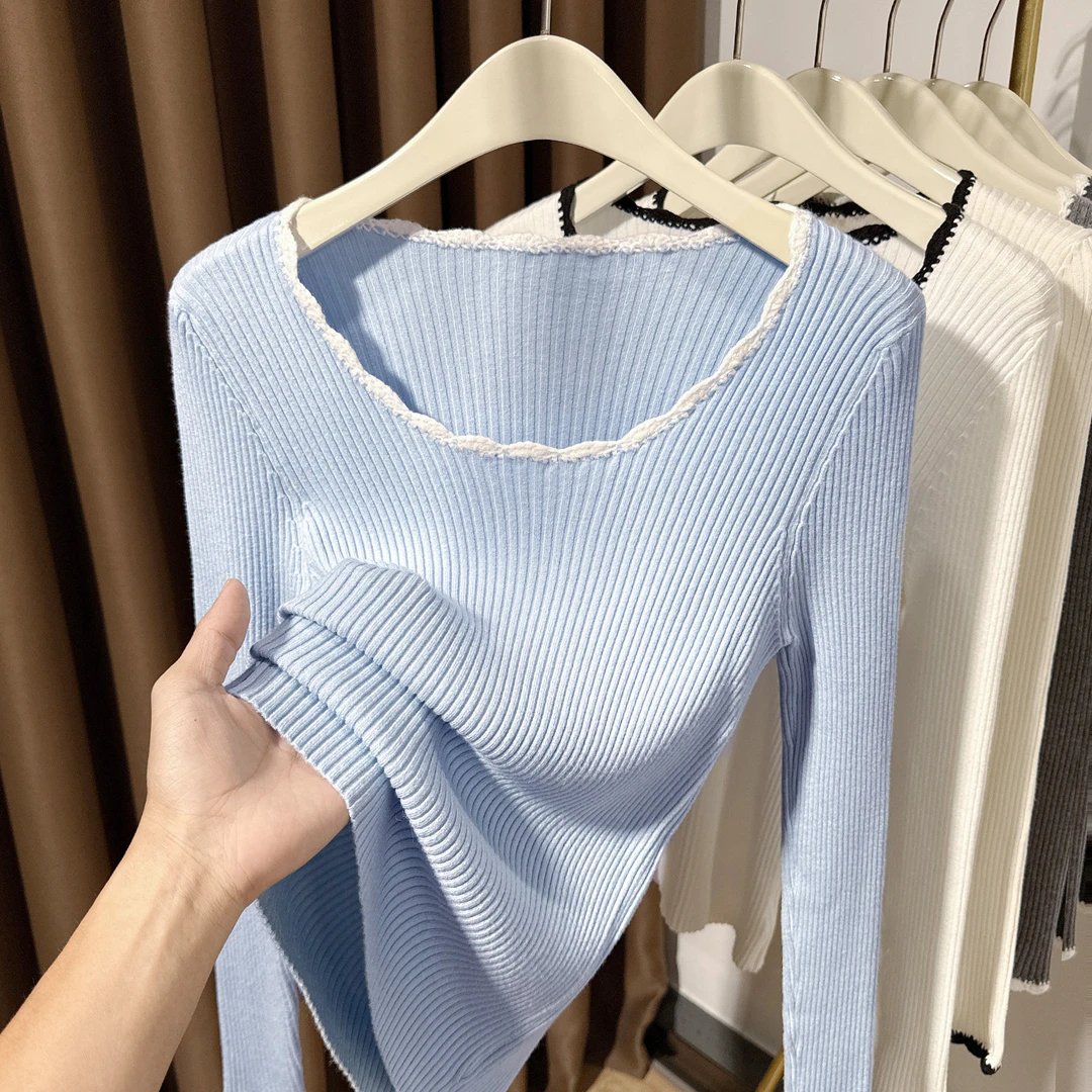 蓝色针织长袖撞色花边打底衫女内搭2025秋冬修身T恤坑条软糯上衣