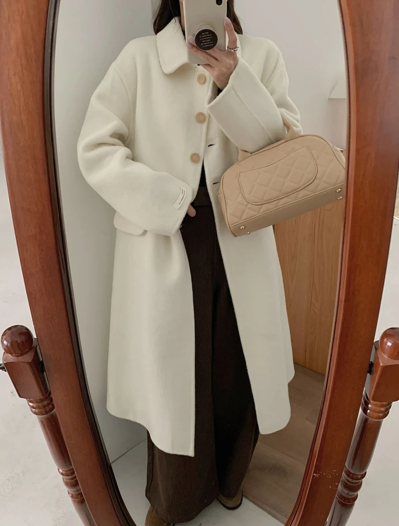 【娃娃领高级感中长款简约单排扣双面羊毛大衣 加厚大袖口羊绒外套