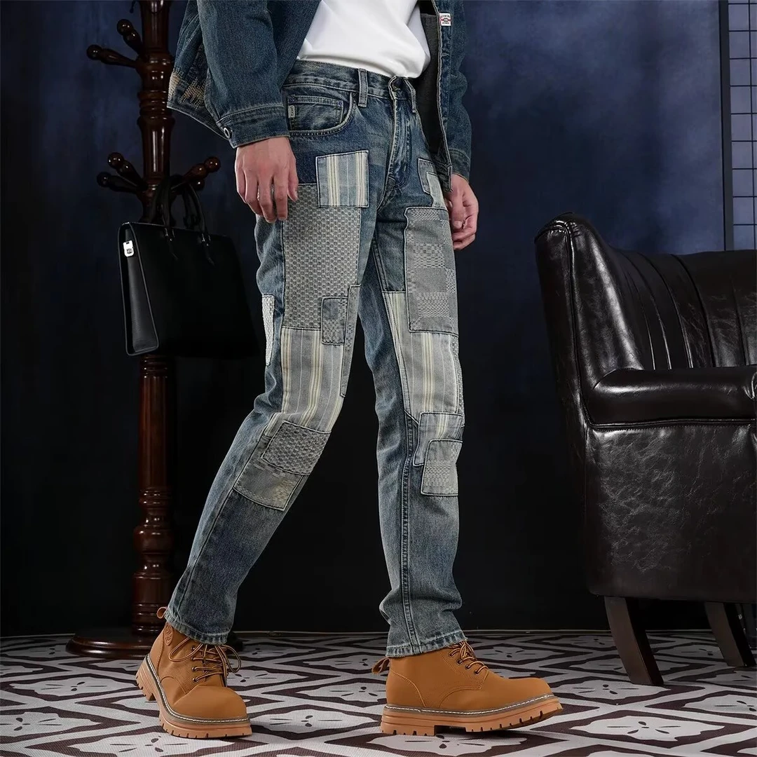 春秋潮牌贴布痞帅牛仔裤男个性刮烂潮流修身百搭拼接补丁长裤子男