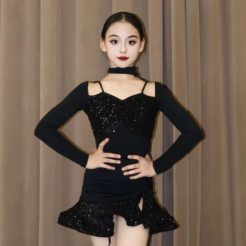 2025秋冬新款拉丁舞服女童练功服儿童高级感表演演出舞蹈裙套装