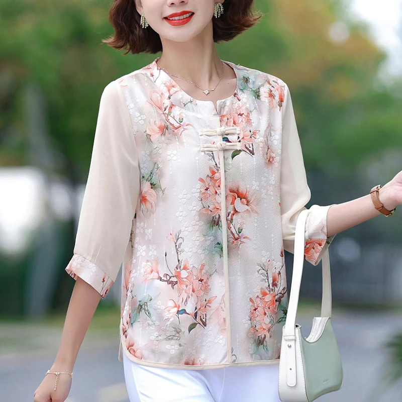 妈妈装夏季短袖T恤欧若风新中式清凉透气弹力宽松上衣裤子两件套