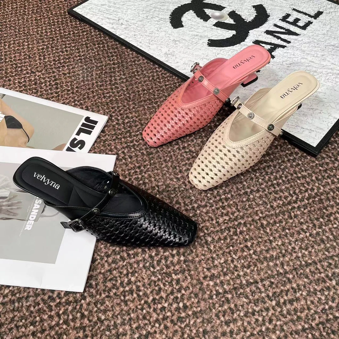 现货羊皮跟高4CM百搭气质一字带穆勒拖鞋622-8