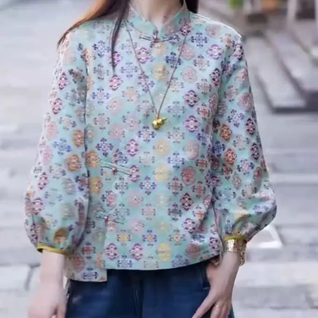 秋季新款新中式国风醋酸提花设计洋气气质显瘦长袖上衣
