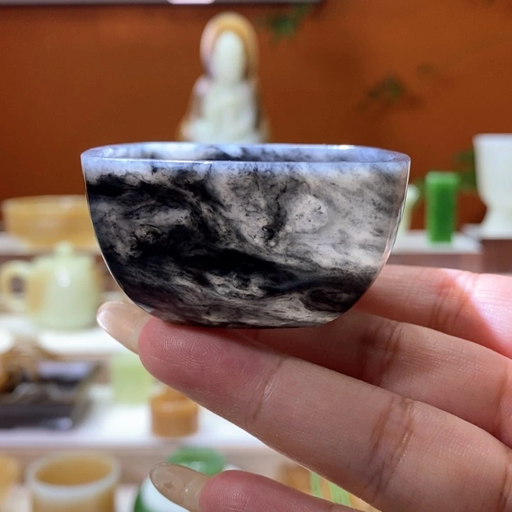 未镶嵌和田玉摆件青花籽水墨丹青四方杯