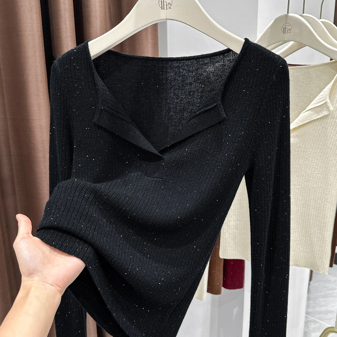 黑色韩版软糯V领针织衫上衣秋冬季新款气质简约长袖修身打底衫女