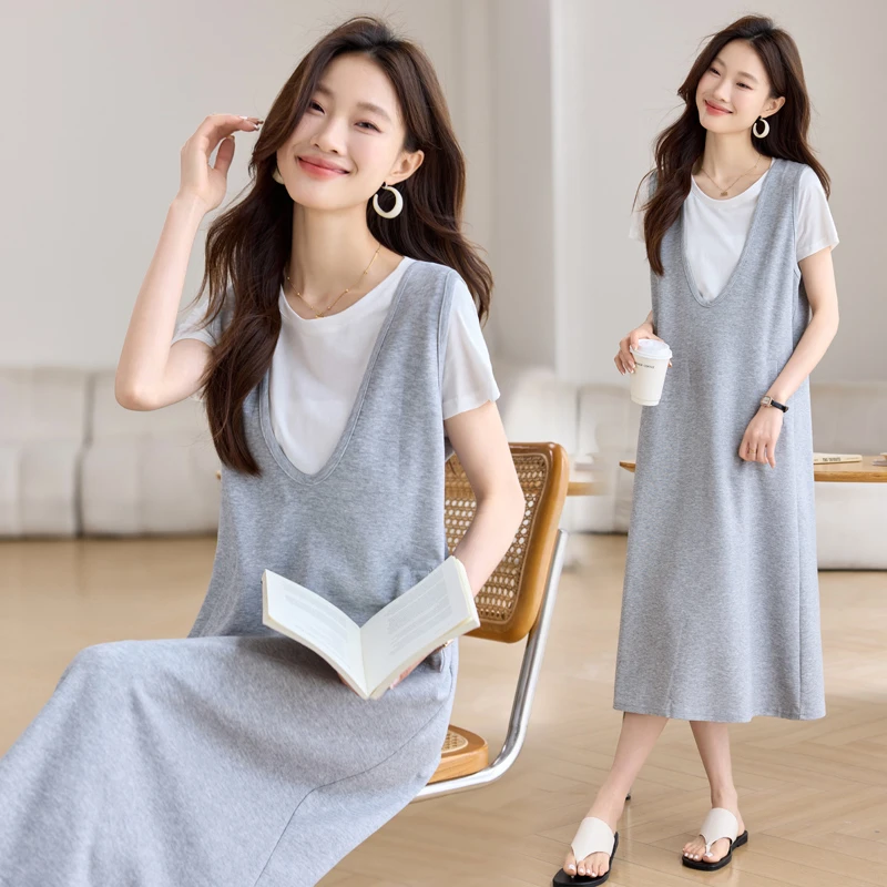 休闲时尚背带裙套装女2025年夏季新款宽松大码减龄显瘦中长款裙子