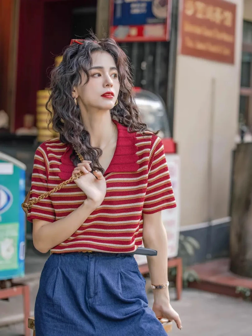 ol吸汗网红复古休闲风宽松型红色镂空夏季T恤不褪色