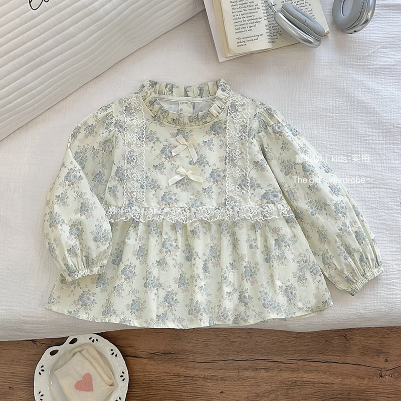女童新款纯棉儿童衬衣百搭春秋款翠绿色蕾丝蝴蝶结碎花欧若风童装