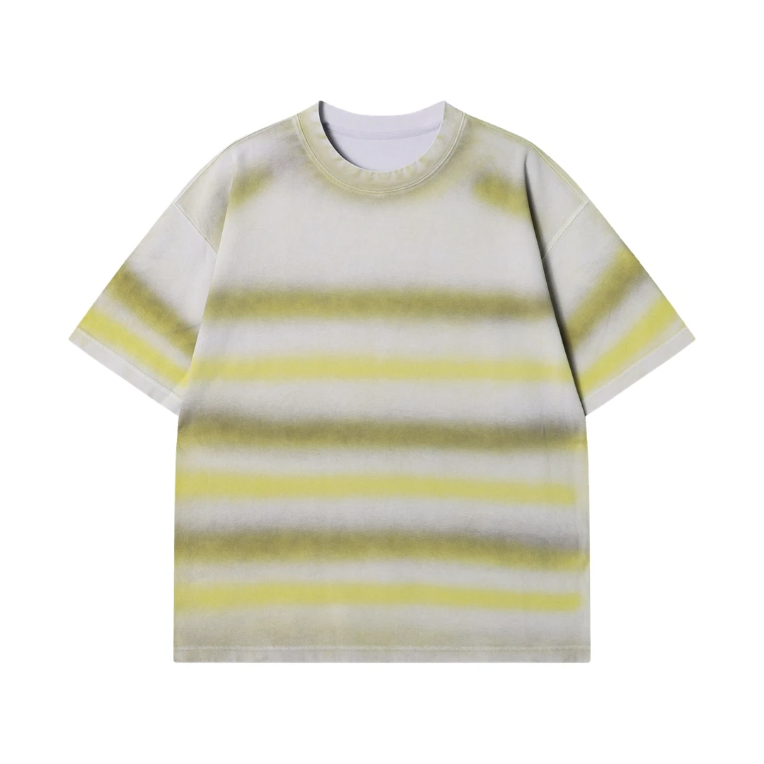 夏季高级感新款美式撞色晕染横纹圆领短袖T恤休闲百搭宽松上衣