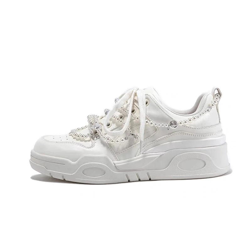 C6102 白色  时尚厚底圆头系带女休闲运动小白鞋