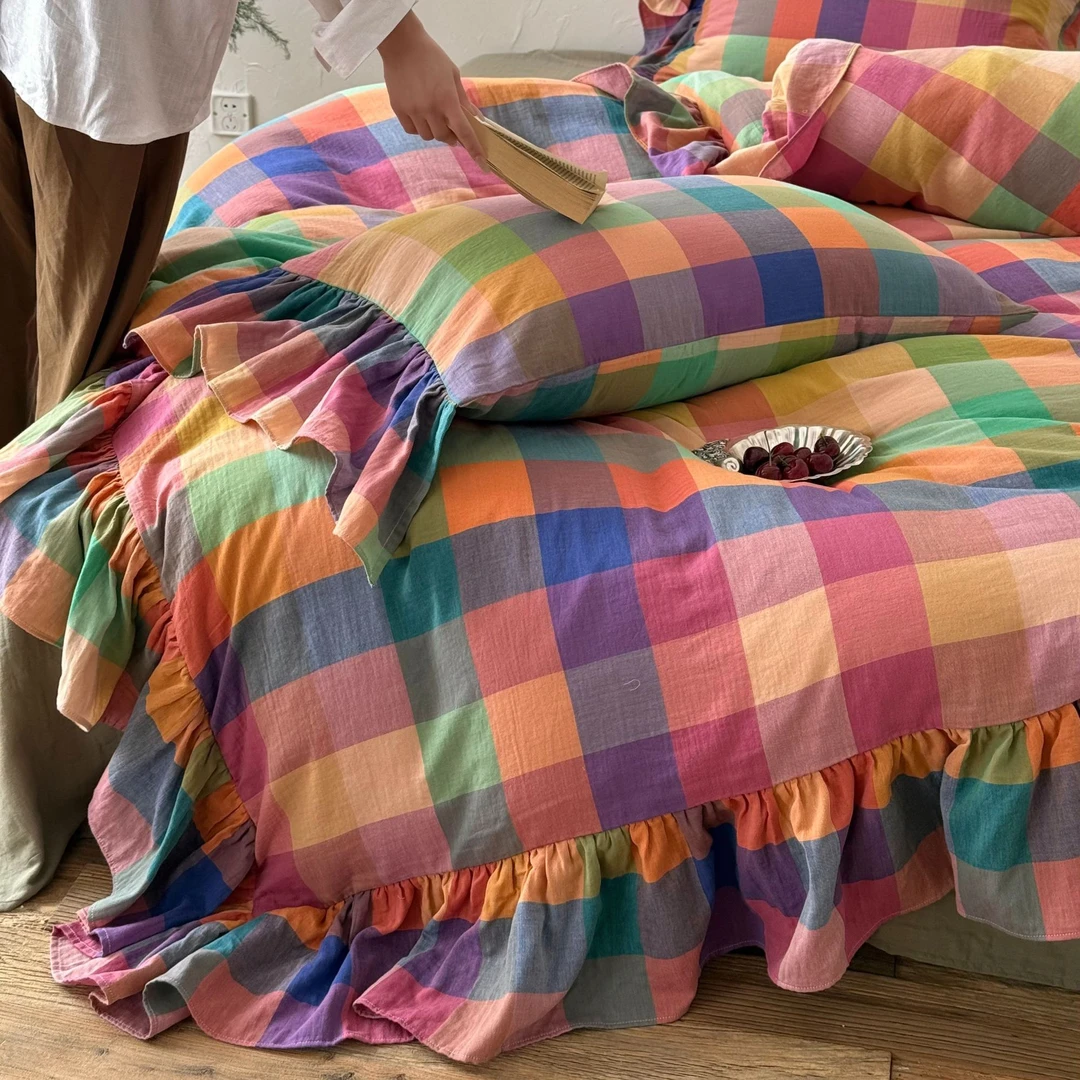 梅边【卡蕾娜妮】浪漫春夏清新色彩韩版花边全棉纯棉双层纱四件套