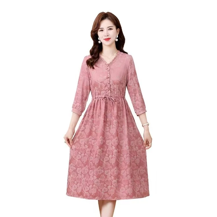 2025新款夏季时尚V领显瘦显气质连衣裙减龄妈妈装中长款连衣裙