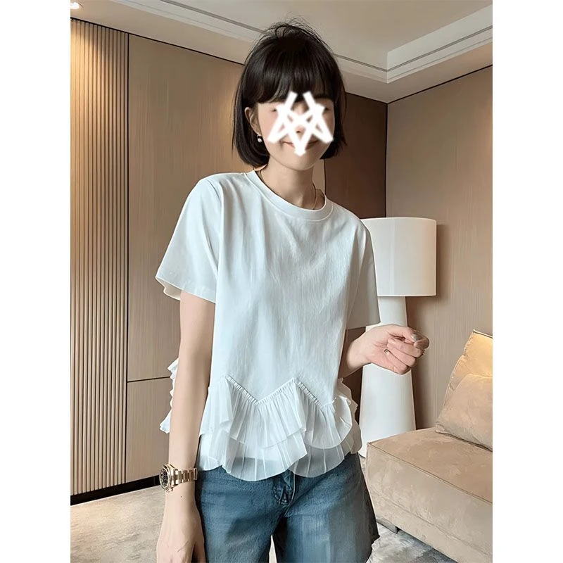 特大码200斤港风chic独特花边设计感正肩显瘦短袖t恤女夏洋气上衣