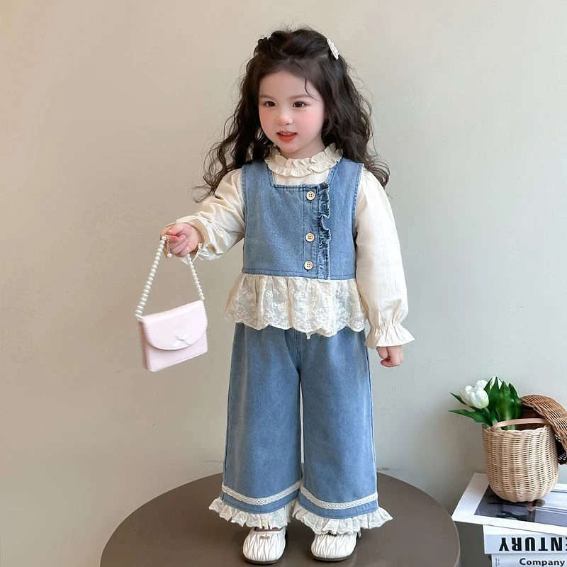 女童春季套装2025新款洋气儿童花边牛仔马甲女宝宝春装时髦三件套