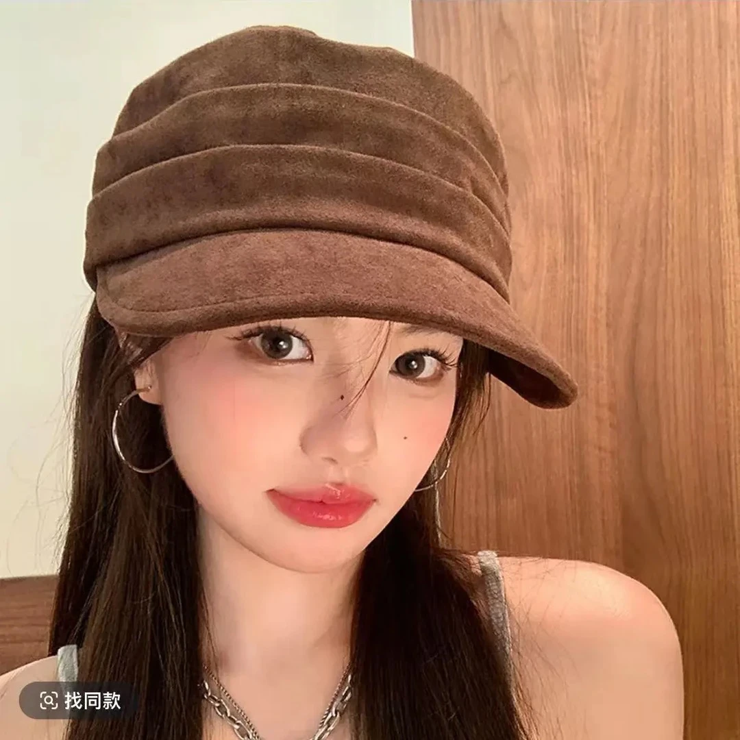 麂皮绒褶皱马术帽女韩版复古平顶鸭舌帽秋冬季保暖百搭显脸小报
