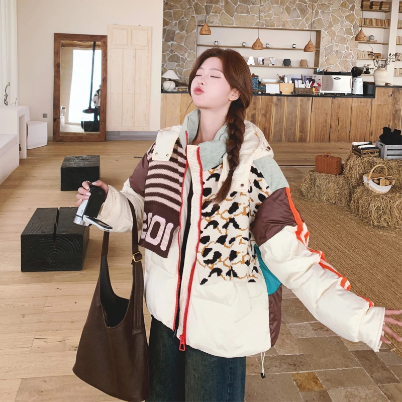设计感针织拼接撞色羽绒服2025冬季新款小众ins风白鸭绒面包服潮