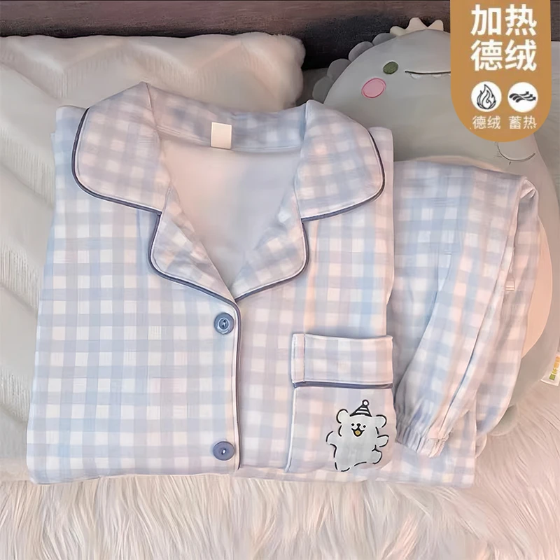新款开衫长袖长裤睡衣女秋冬季居家服可爱趣味翻领套装122