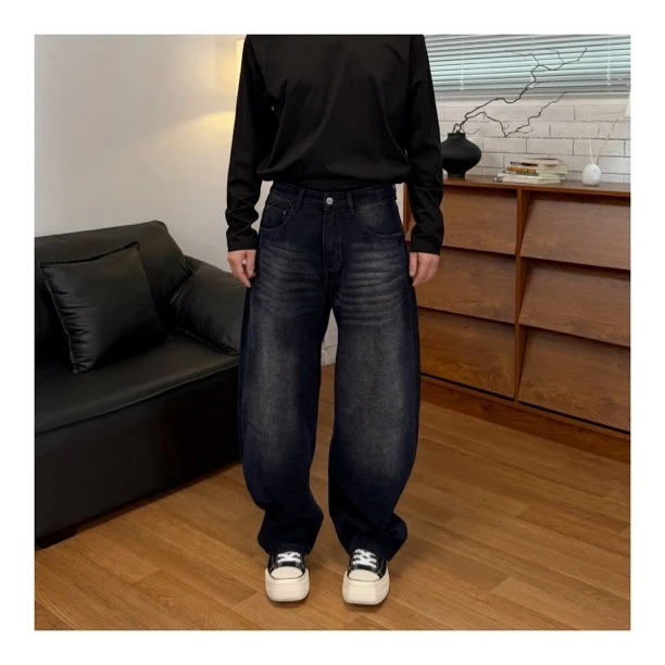 【张茂studio】冬季新款水洗蓝色小弯刀宽松百搭菲特绒男士牛仔裤子