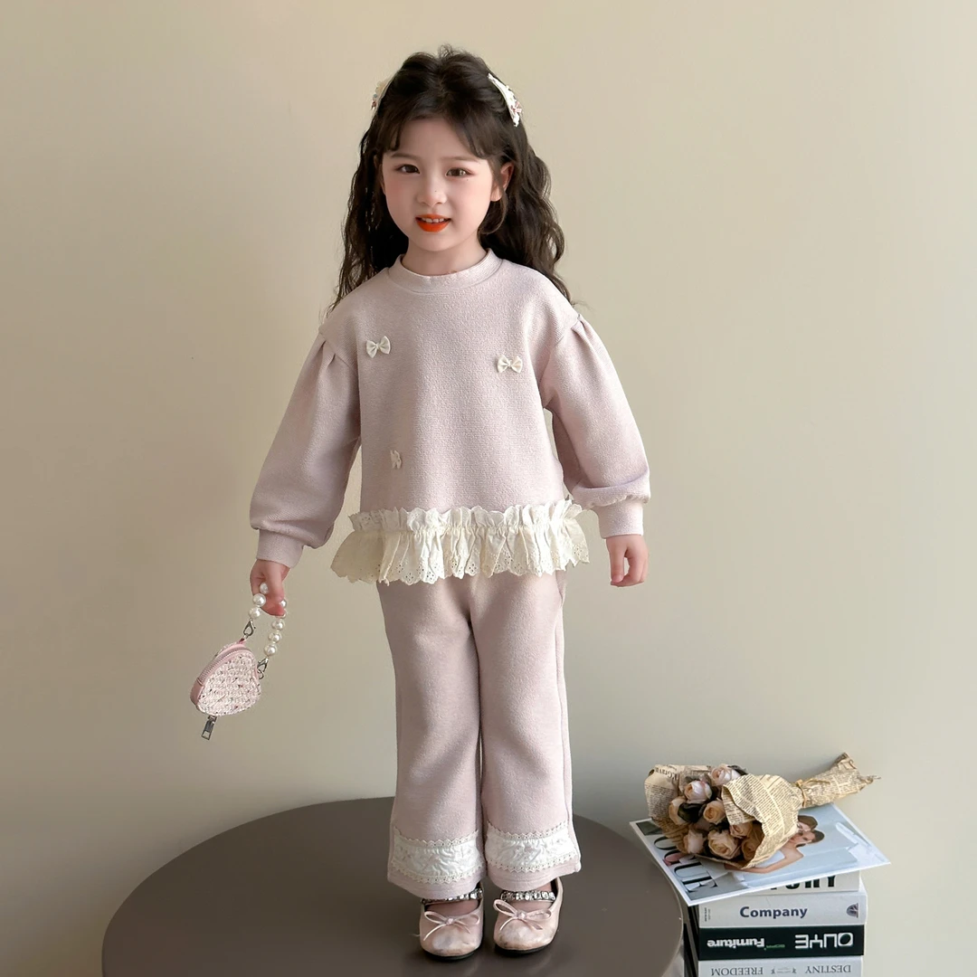 中小童甜美蝴蝶结花边拼接套装2025秋季新款儿童时尚宝宝两件套潮