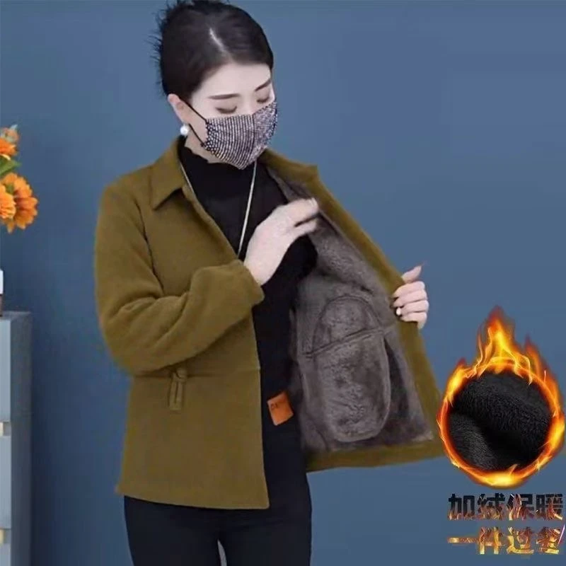 中年女灯芯绒加绒外套时尚上衣休闲新款洋气妈妈冬装长袖宽松开衫