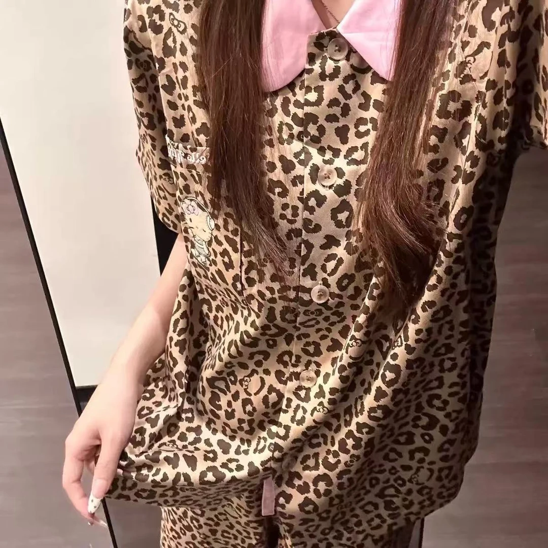 2015#【奶豹喵蒂】月光丝豹纹短袖性感甜美家居服套装