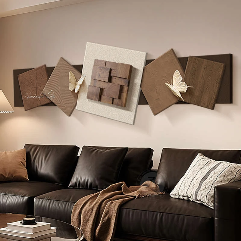 中古风立体砂岩客厅装饰画抽象几何沙发背景墙挂画高级感实木壁画
