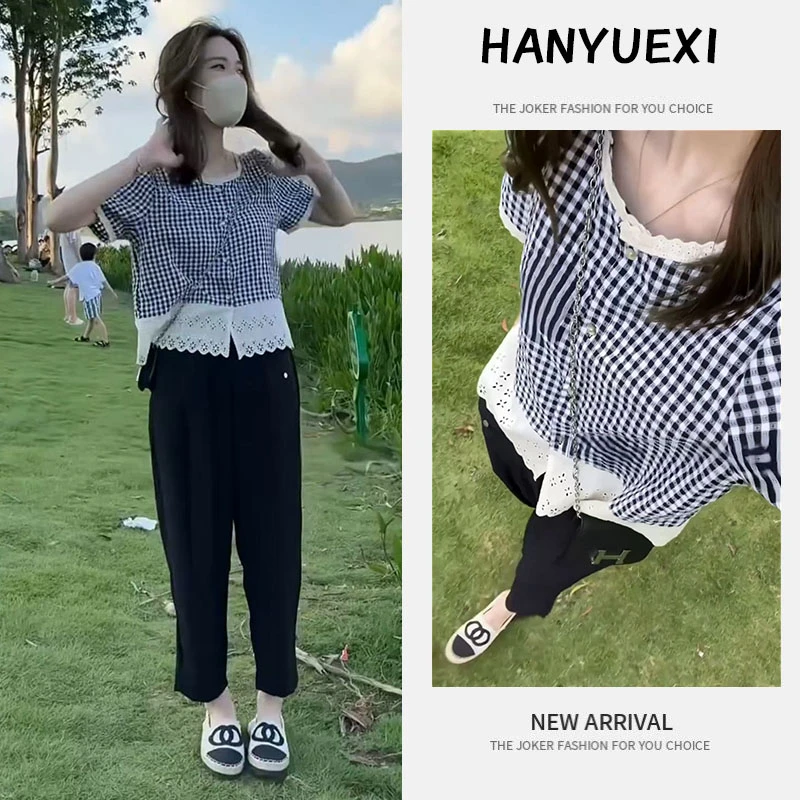 今年流行穿搭一整套2025新款格子镂空花边上衣休闲直筒长裤两件套