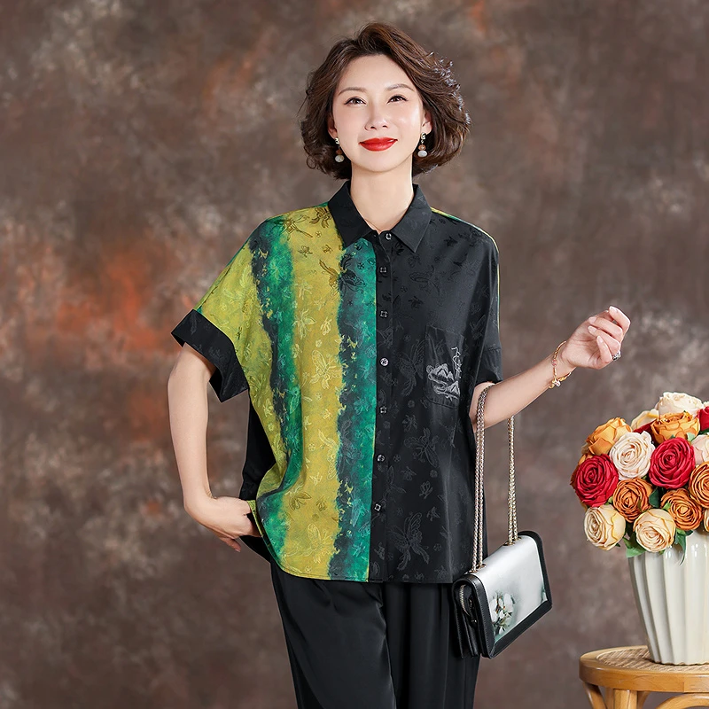 齐黛国际大品牌上衣女2025夏新款五分袖撞色拼接时尚妈妈衬衫