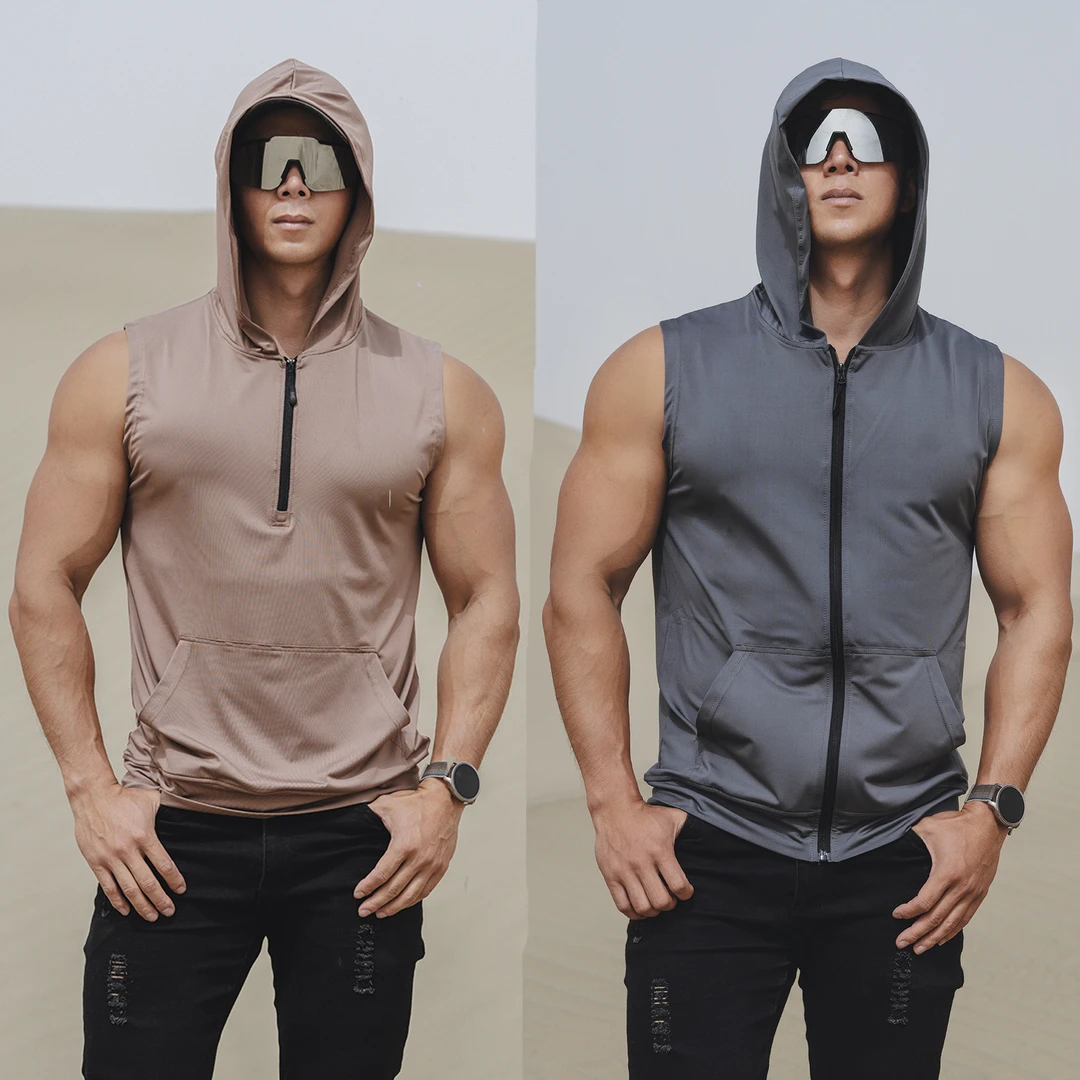 夏季新款男士运动休闲跑步健身锻炼篮球速干弹力纯色拉链连帽背心