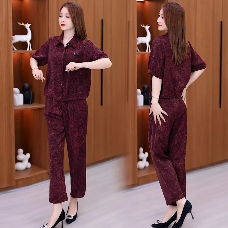 2025优雅妈妈装夏装两件套高档新款洋气显瘦印花短袖九分裤套装a