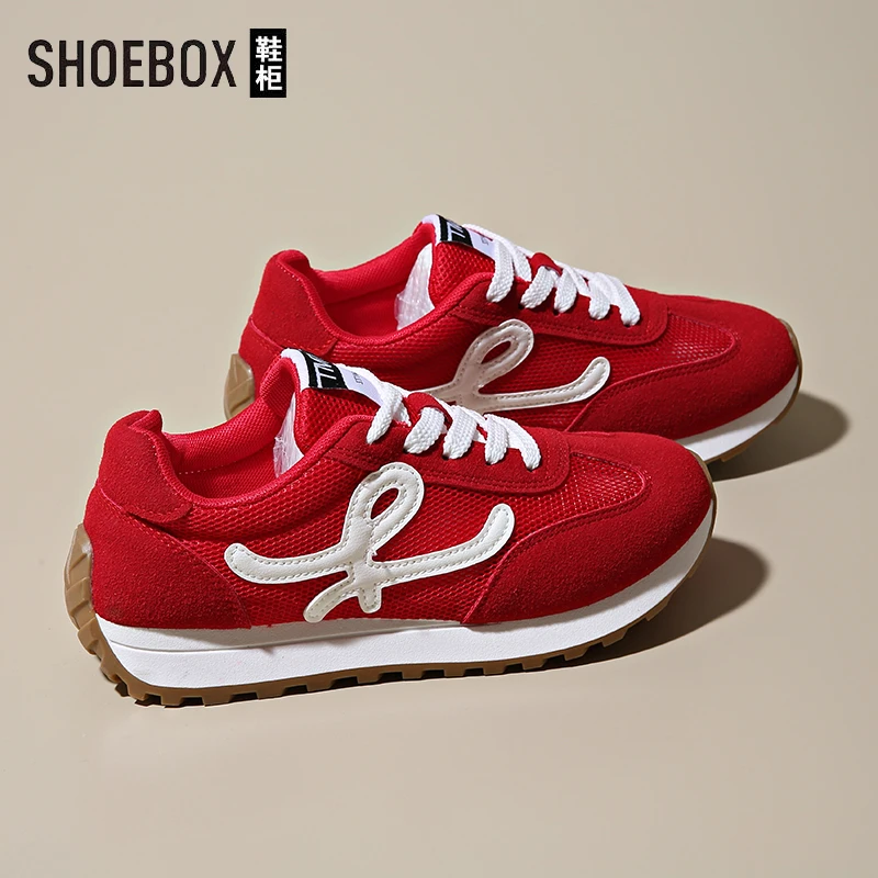 SHOEBOX鞋柜复古红色阿甘德训鞋女夏季透气网面软底休闲运动鞋