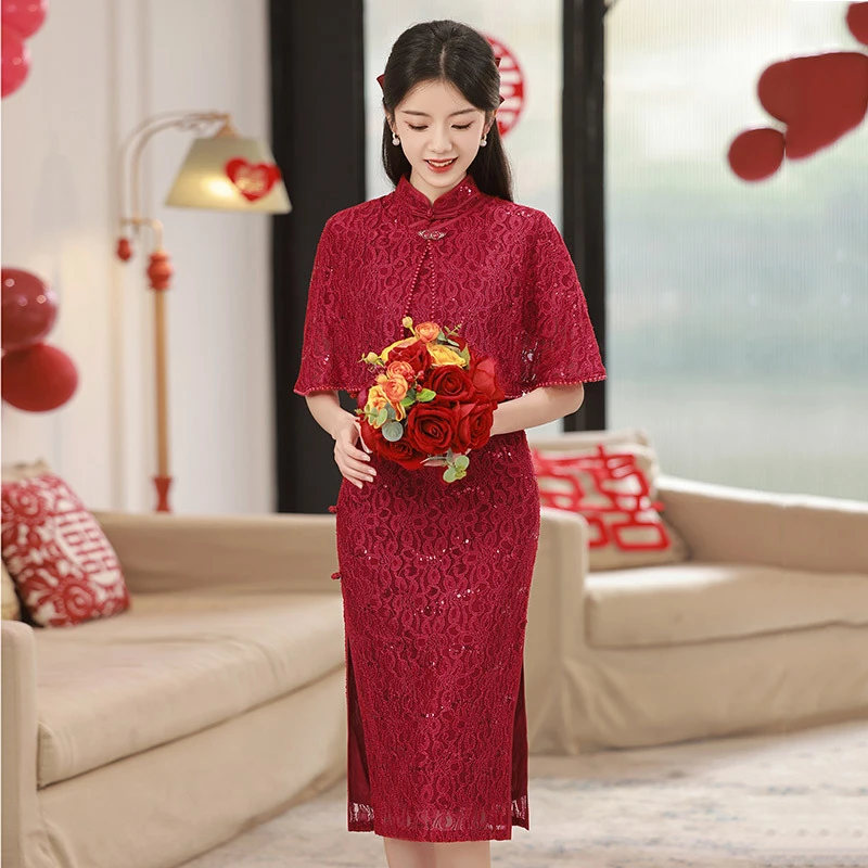 改良蕾丝旗袍结婚宴喜婆婆高端婚礼妈妈装披肩春夏新款高考红旗袍