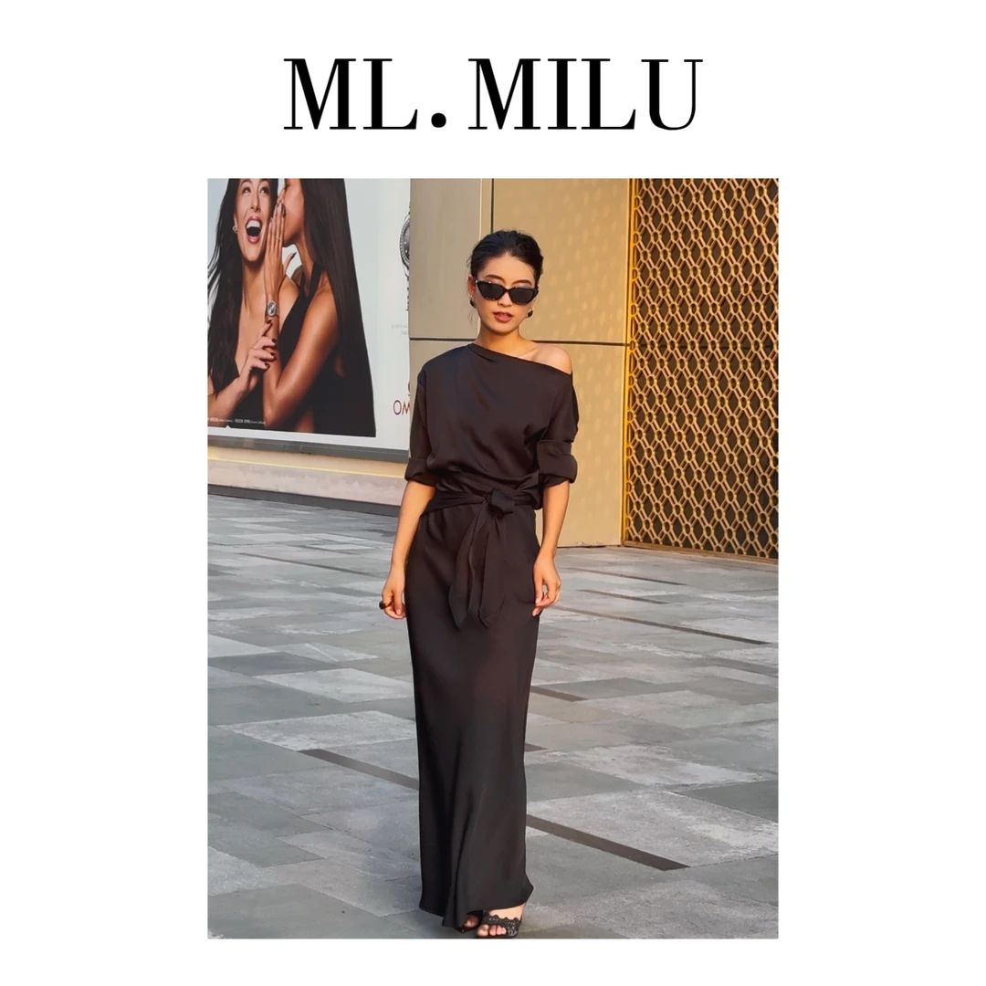 新款法式温柔优雅气质斜肩小衫高腰绑带半身裙套装