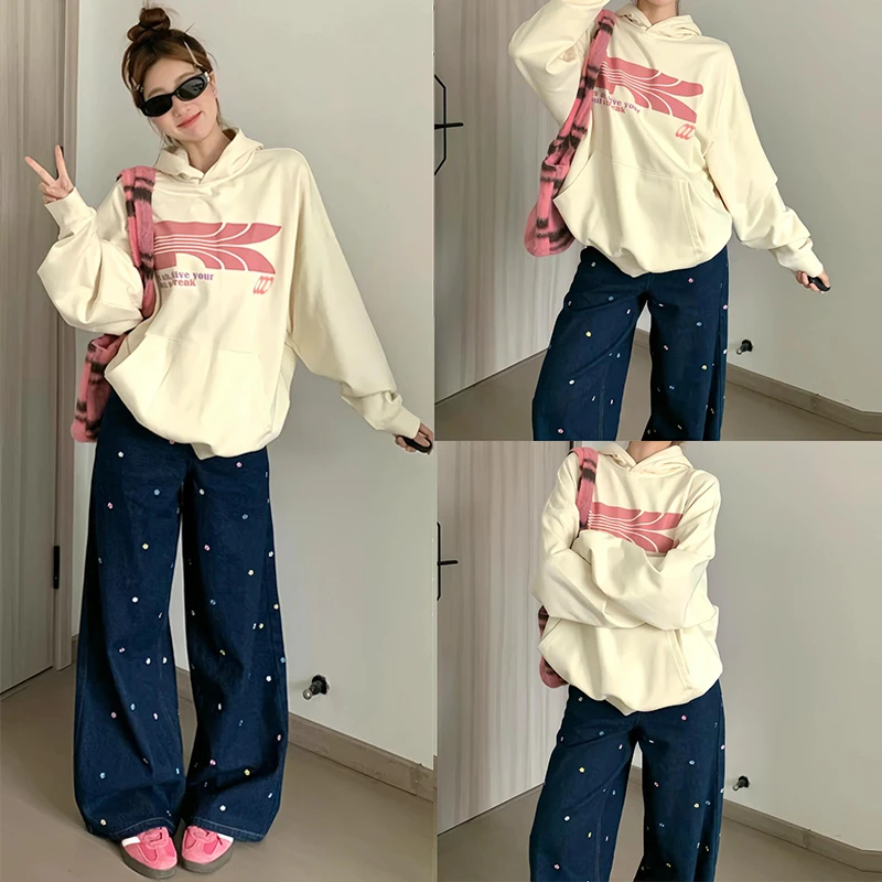 胖mm大码女装美式水洗碎花刺绣牛仔裤女深蓝色裤子高腰显瘦阔腿裤